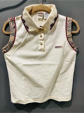 SOLD Vintage Ellesse Cream Sleeveless Polo with Paisley Trim Sz 10